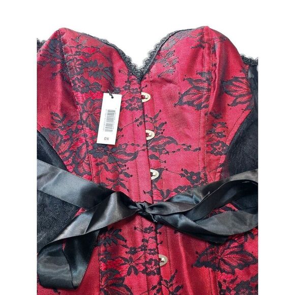 Adore Me Lace Strapless Corset Size 0X Lace Up Red Black Garter Clips Lingerie - Picture 9 of 13